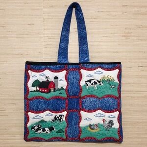 Blue Red White Farm-Themed Large Handmade Upcycled Tote Bag 16”x20”